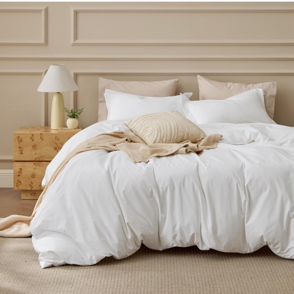 Bedsure 100% Washed Cotton Duvet Cover King Size Natural White Minimalist Beddin